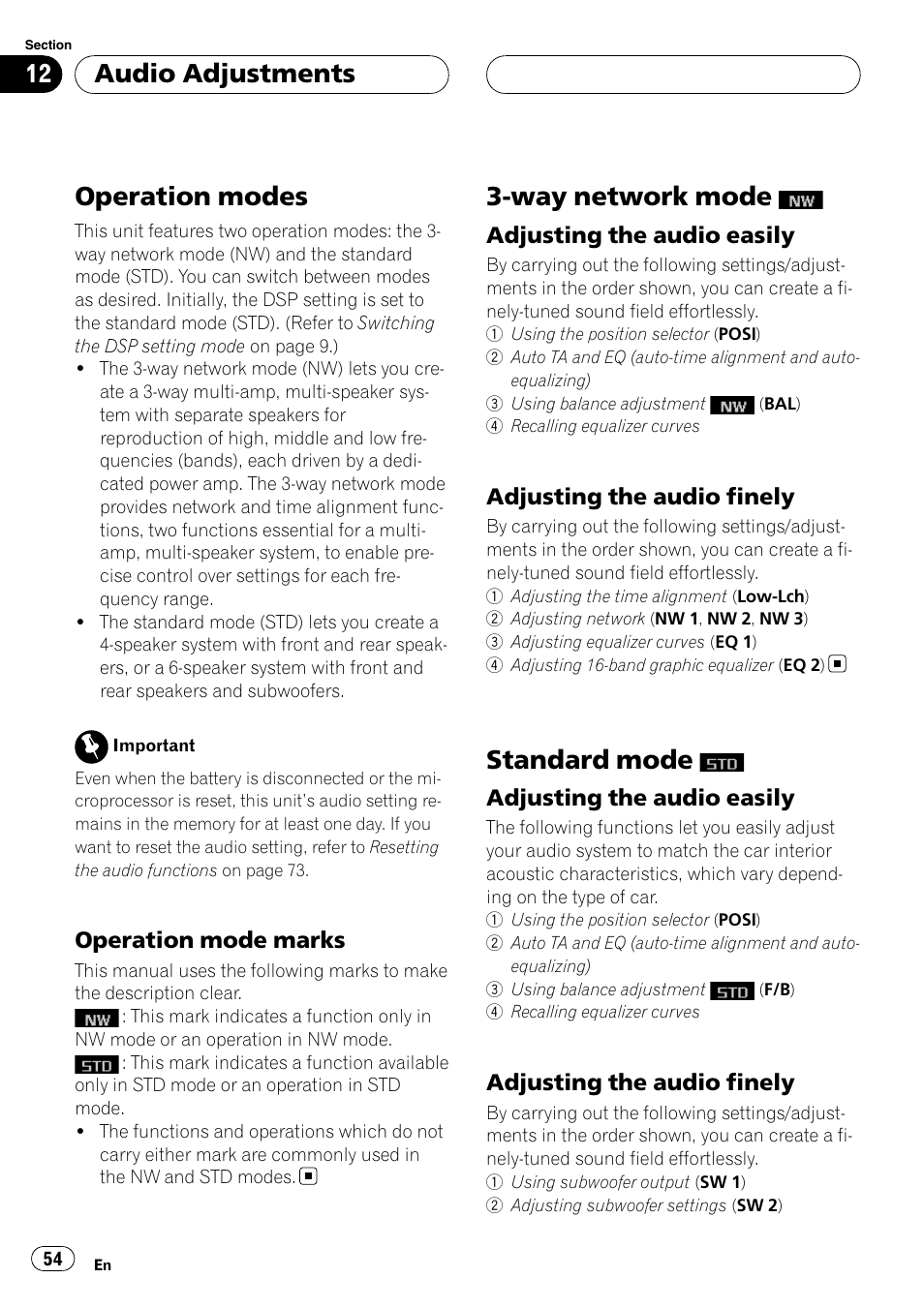 Audio adjustments operation modes, Operation mode marks 54, Way network mode | Adjusting the audio easily 54, Adjusting the audio finely 54, Standard mode, Operation modes, Audio adjustments | Pioneer DEH-P88RS User Manual | Page 54 / 180