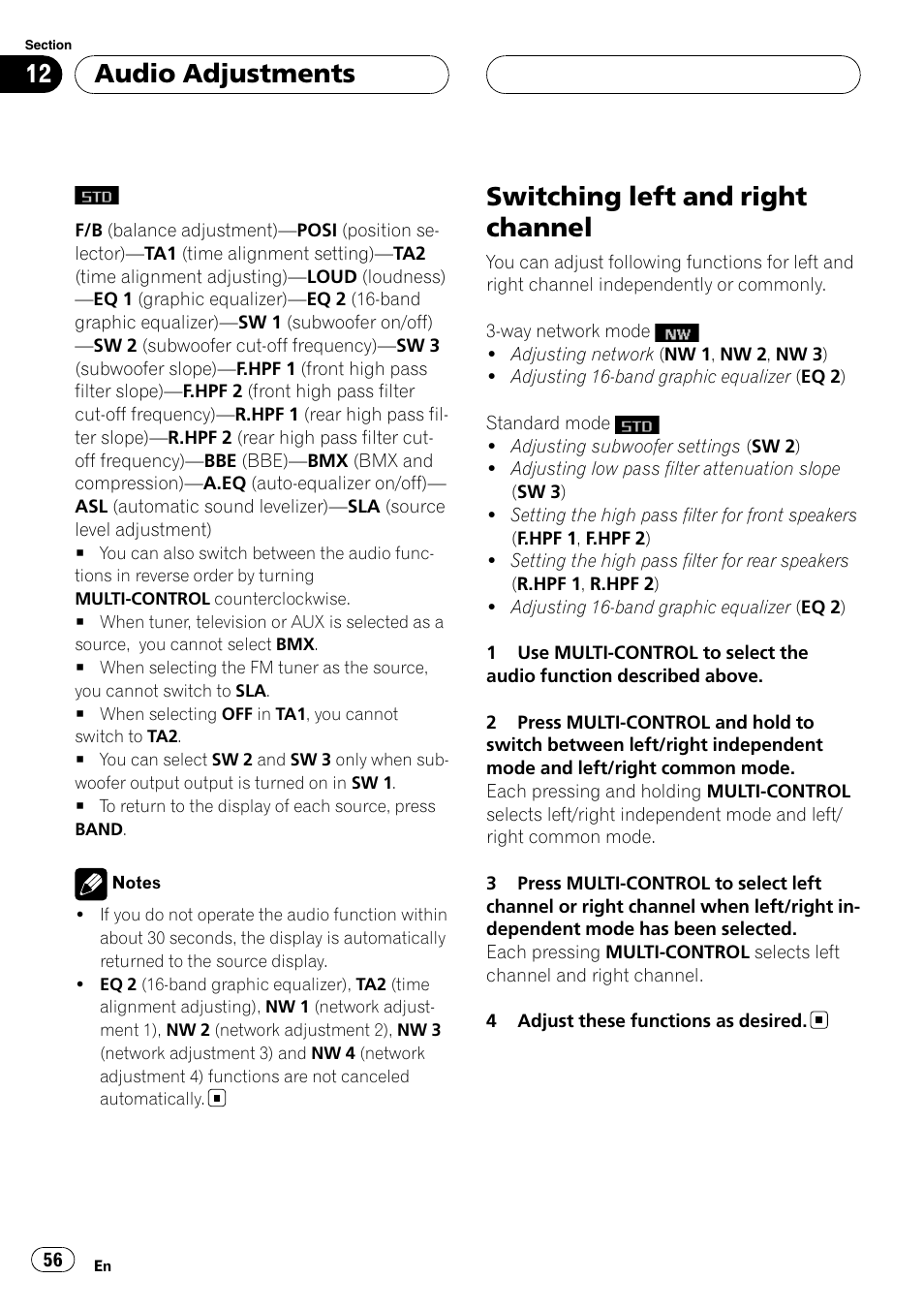 Switching left and right channel, Audio adjustments | Pioneer DEH-P88RS User Manual | Page 56 / 180