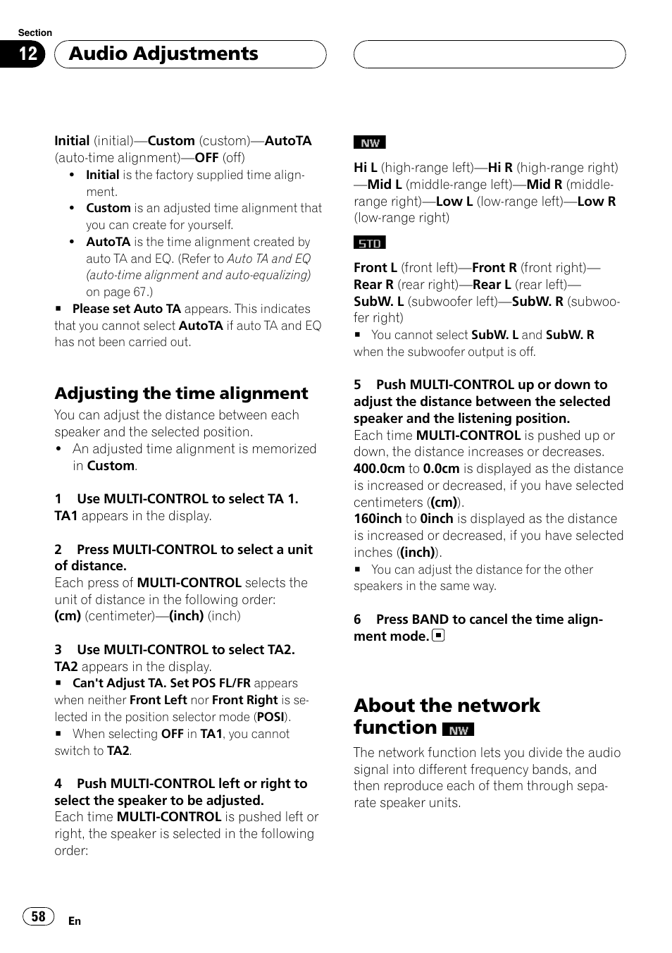 Adjusting the time alignment 58, About the network function, Adjusting the time alignment | Audio adjustments | Pioneer DEH-P88RS User Manual | Page 58 / 180