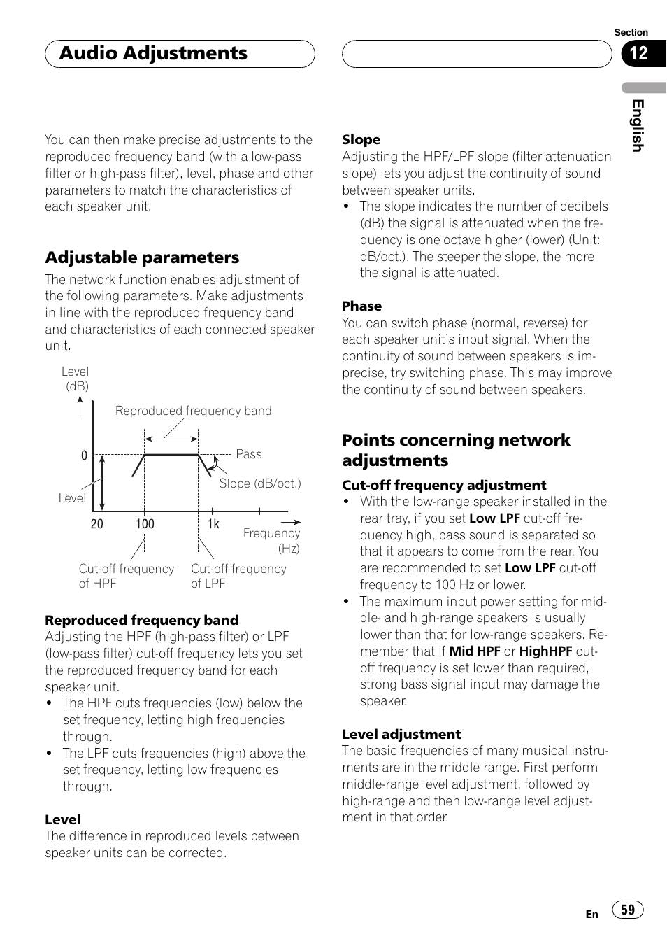 Adjustable parameters 59, Points concerning network, Adjustments | Audio adjustments, Adjustable parameters, Points concerning network adjustments | Pioneer DEH-P88RS User Manual | Page 59 / 180