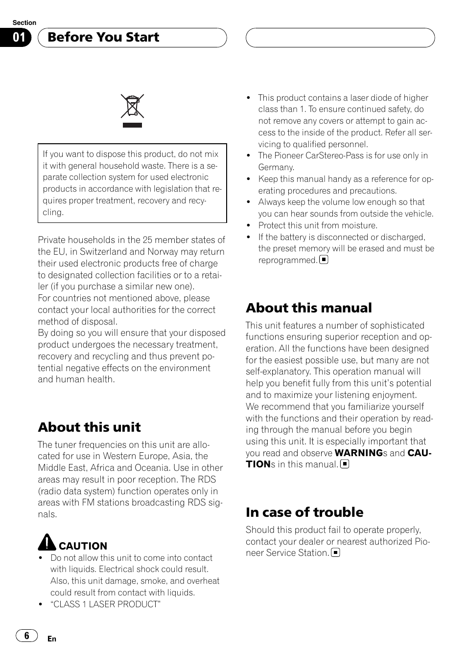 Before you start, About this unit, About this manual | In case of trouble | Pioneer DEH-P88RS User Manual | Page 6 / 180