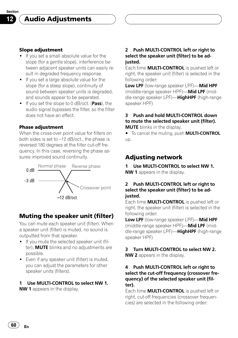 Muting the speaker unit (filter) 60, Adjusting network 60, Adjusting network | Audio adjustments, Muting the speaker unit (filter) | Pioneer DEH-P88RS User Manual | Page 60 / 180