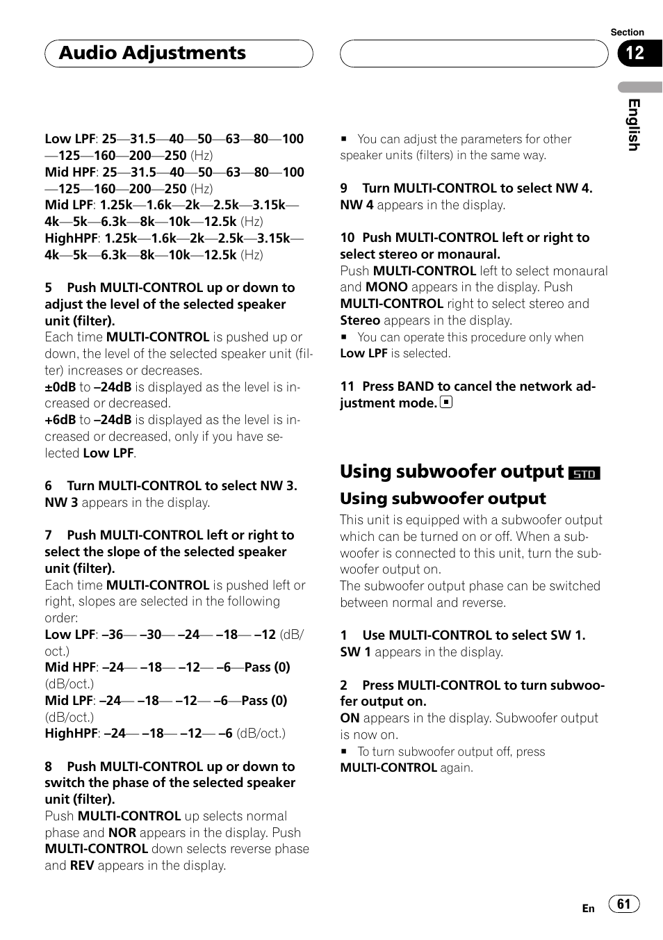 Using subwoofer output, Using subwoofer output 61, Audio adjustments | Pioneer DEH-P88RS User Manual | Page 61 / 180