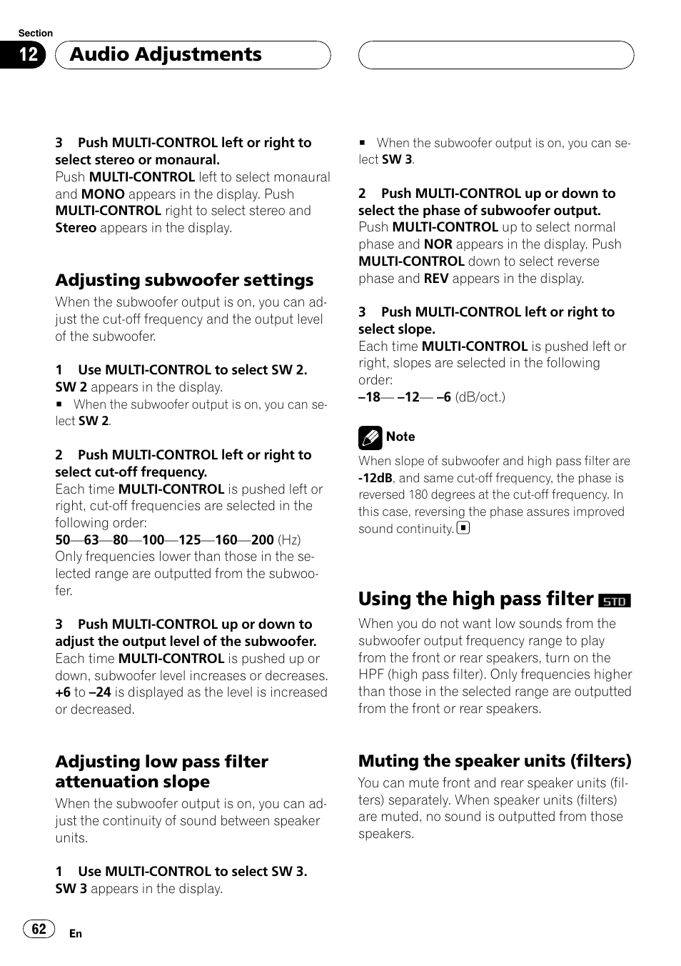 Adjusting subwoofer settings 62, Adjusting low pass filter attenuation, Slope | Using the high pass filter, Muting the speaker units (filters) 62, Adjusting subwoofer settings, Adjusting low pass filter attenuation slope, Audio adjustments, Muting the speaker units (filters) | Pioneer DEH-P88RS User Manual | Page 62 / 180