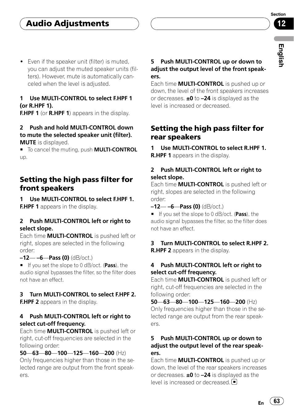 Setting the high pass filter for front, Speakers, Setting the high pass filter for rear | Setting the high pass filter for front speakers, Setting the high pass filter for rear speakers, Audio adjustments | Pioneer DEH-P88RS User Manual | Page 63 / 180