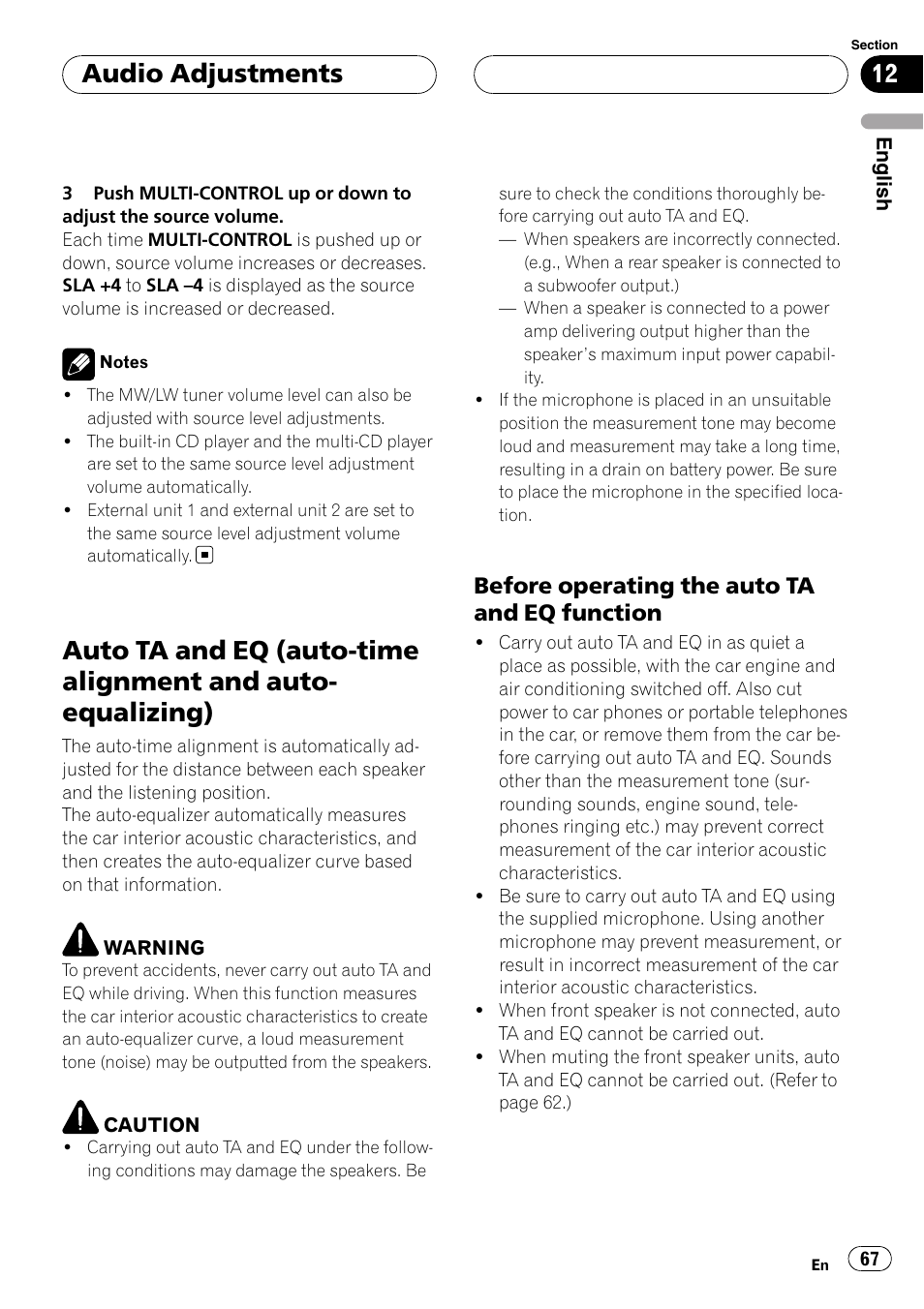 Auto ta and eq (auto-time alignment and, Auto-equalizing), Before operating the auto ta and eq | Function, Auto ta and eq (auto-time alignment and auto, Equalizing), Audio adjustments, Before operating the auto ta and eq function | Pioneer DEH-P88RS User Manual | Page 67 / 180