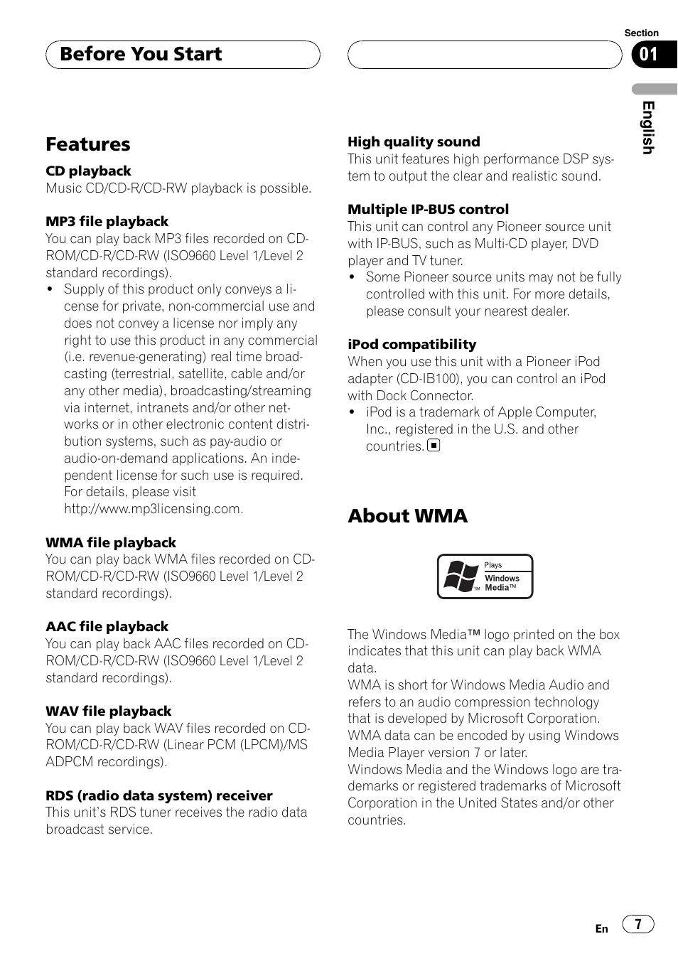 Features, About wma, Before you start | Pioneer DEH-P88RS User Manual | Page 7 / 180