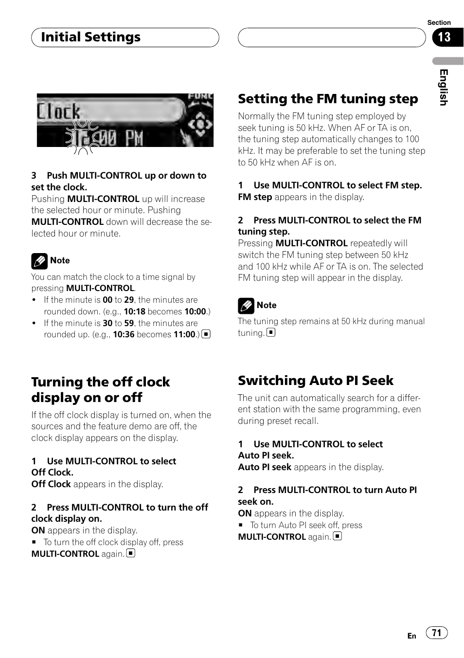 Turning the off clock display on or off, Setting the fm tuning step, Switching auto pi seek | Initial settings | Pioneer DEH-P88RS User Manual | Page 71 / 180