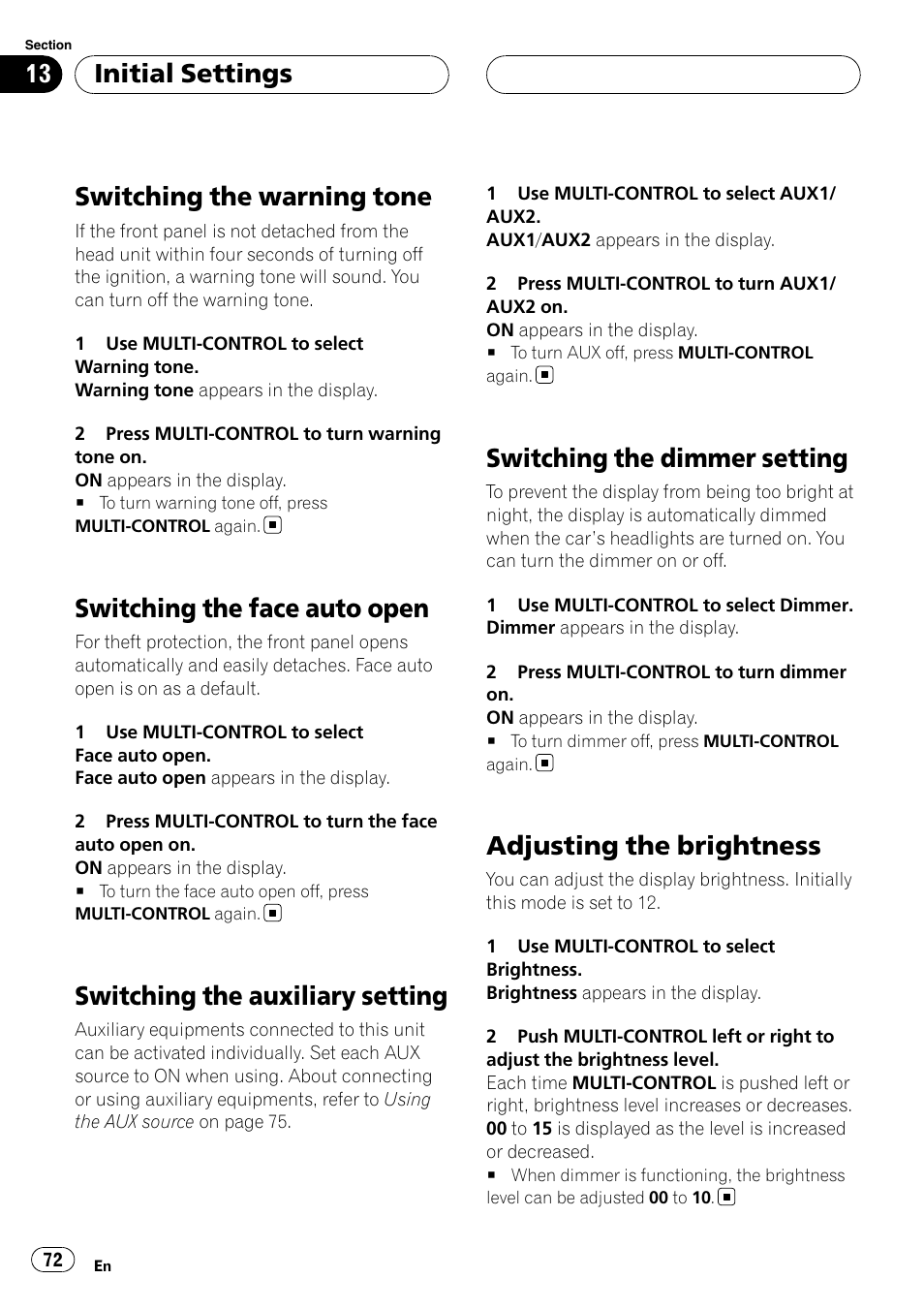 Switching the warning tone, Switching the face auto open, Switching the auxiliary setting | Switching the dimmer setting, Adjusting the brightness, Initial settings | Pioneer DEH-P88RS User Manual | Page 72 / 180