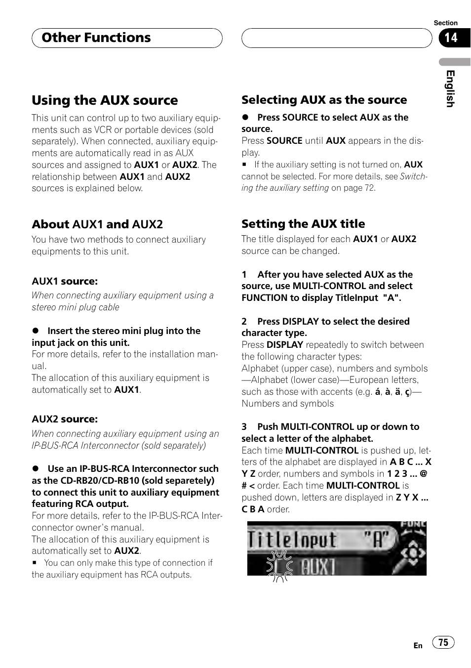 Other functions using the aux source, About aux1 and aux2 75, Selecting aux as the source 75 | Setting the aux title 75, Using the aux source, Other functions, About aux1 and aux2, Selecting aux as the source, Setting the aux title | Pioneer DEH-P88RS User Manual | Page 75 / 180