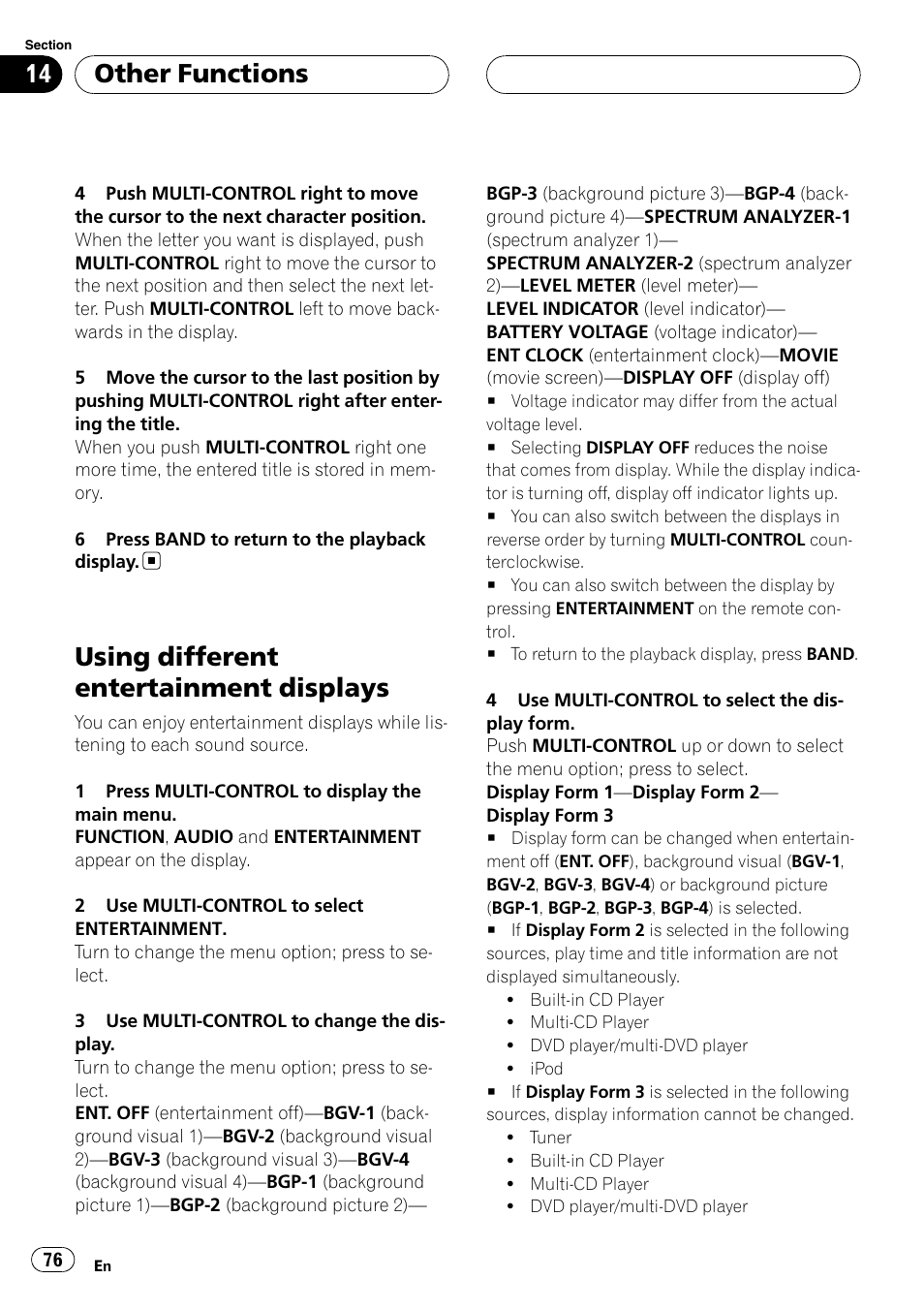 Using different entertainment displays, Other functions | Pioneer DEH-P88RS User Manual | Page 76 / 180