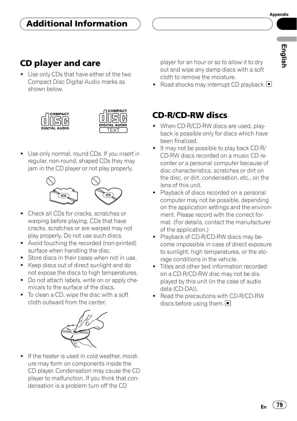 Cd player and care, Cd-r/cd-rw discs, Additional information | Pioneer DEH-P88RS User Manual | Page 79 / 180