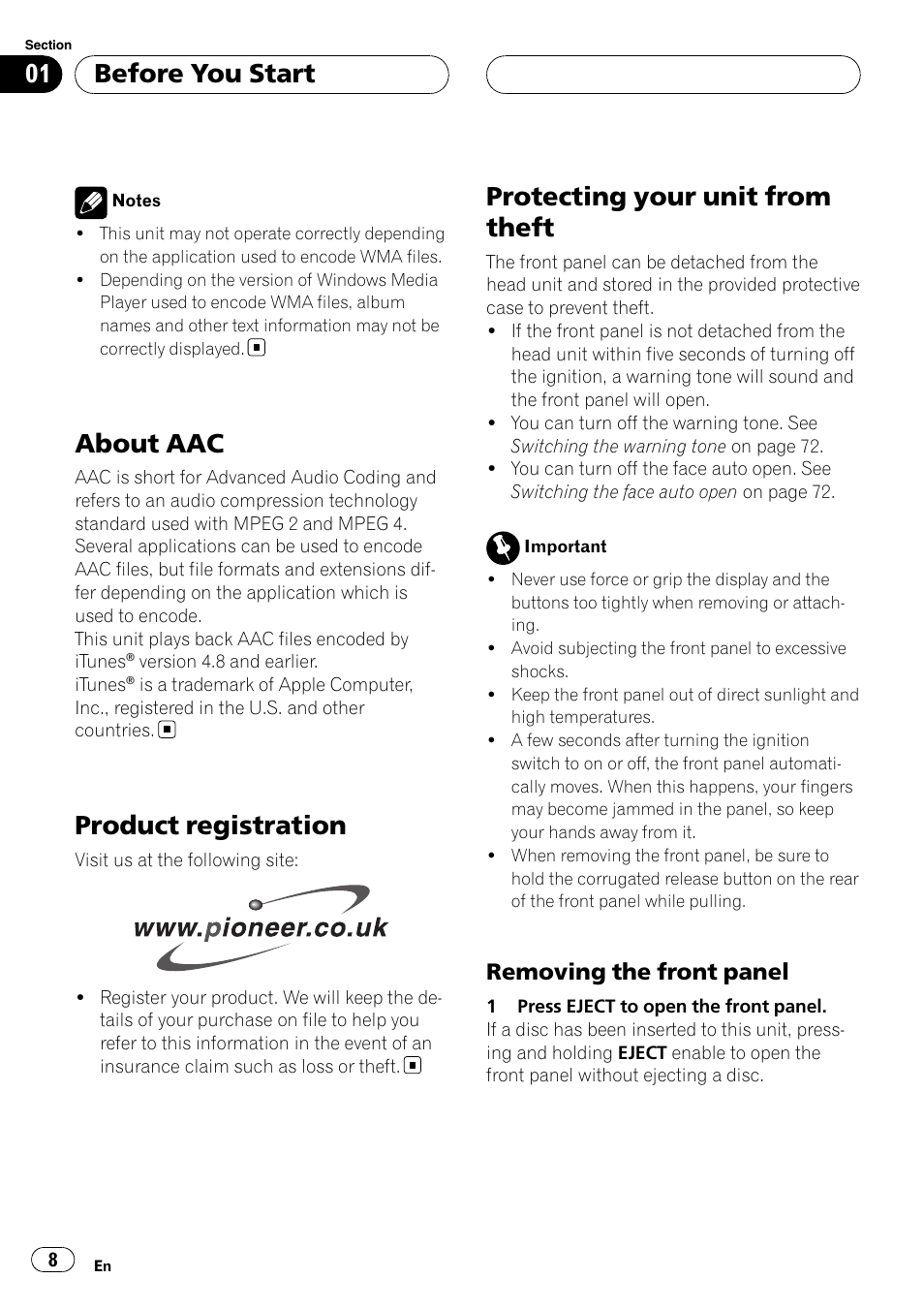 About aac, Product registration, Protecting your unit from theft | Removing the front panel 8, Before you start, Removing the front panel | Pioneer DEH-P88RS User Manual | Page 8 / 180