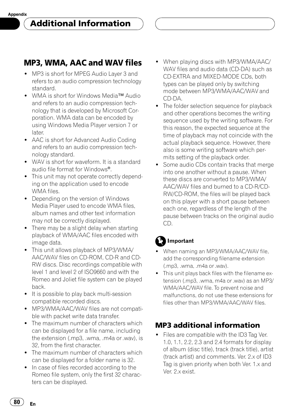 Mp3, wma, aac and wav files, Mp3 additional information 80, Additional information | Mp3 additional information | Pioneer DEH-P88RS User Manual | Page 80 / 180