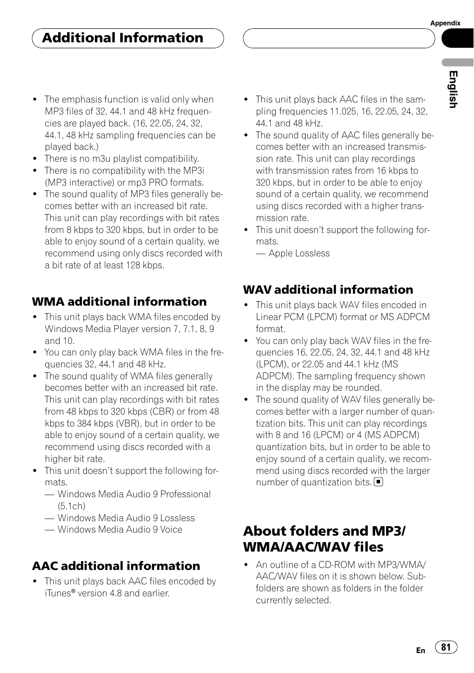 Wma additional information 81, Aac additional information 81, Wav additional information 81 | About folders and mp3/wma/aac/wav, Files, About folders and mp3/ wma/aac/wav files, Additional information, Wma additional information, Aac additional information, Wav additional information | Pioneer DEH-P88RS User Manual | Page 81 / 180