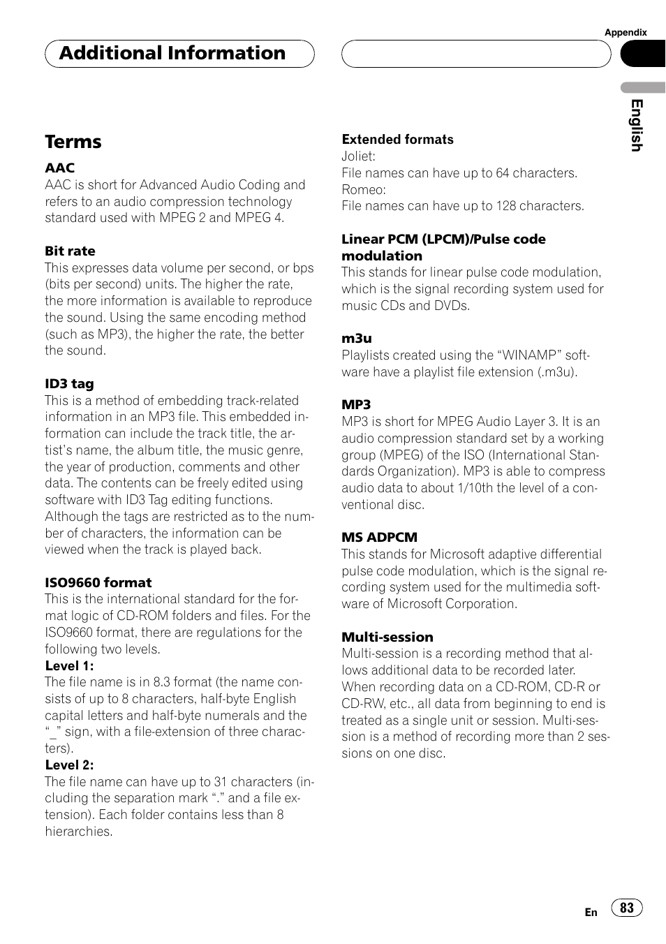 Terms, Additional information | Pioneer DEH-P88RS User Manual | Page 83 / 180