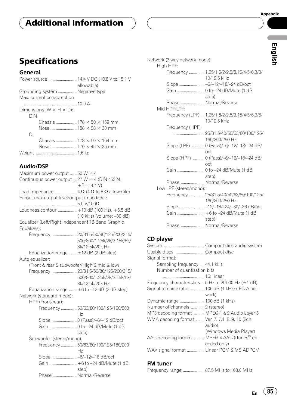 Specifications, Additional information, English | General, Audio/dsp, Cd player, Fm tuner | Pioneer DEH-P88RS User Manual | Page 85 / 180
