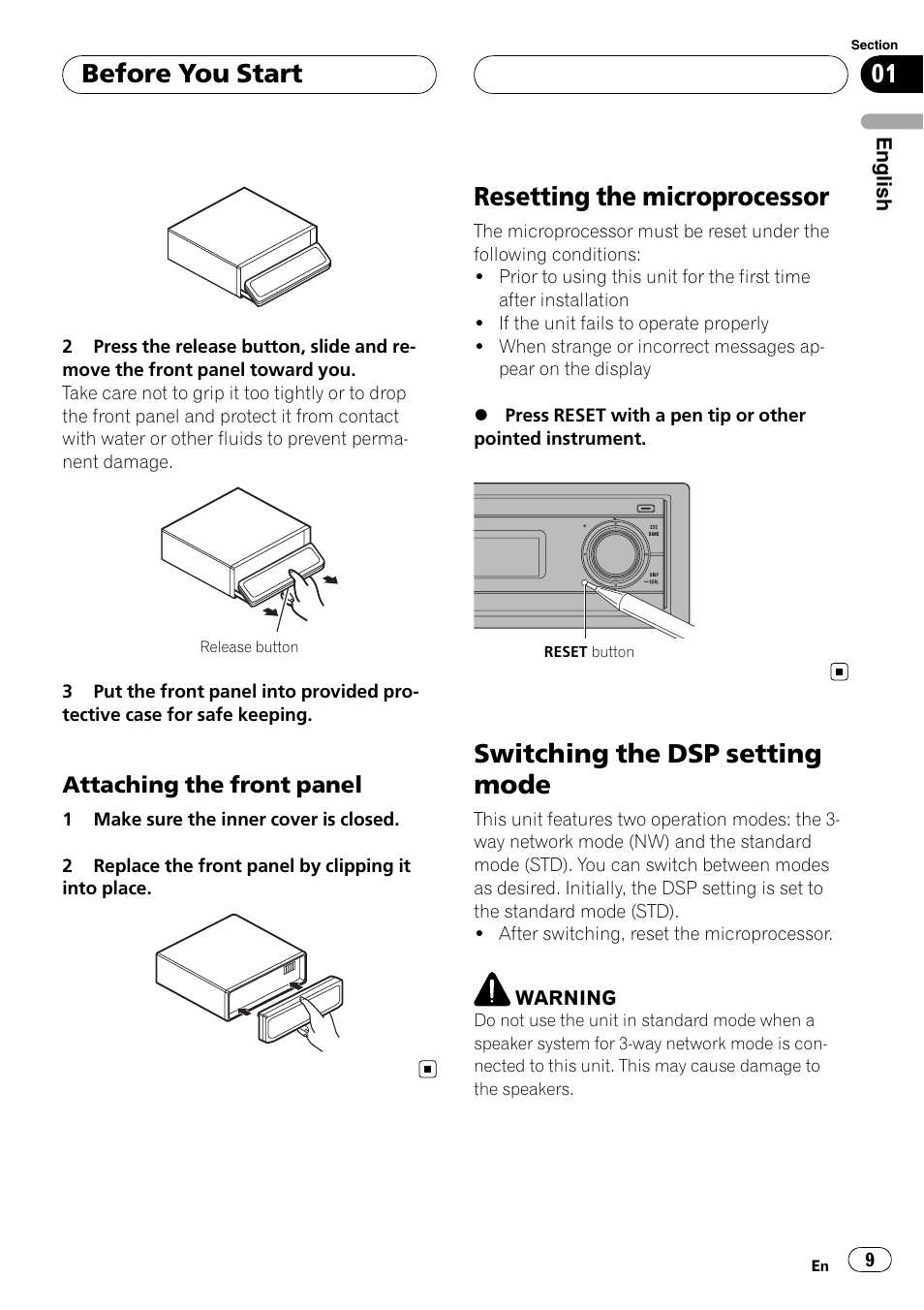 Attaching the front panel 9, Resetting the microprocessor, Switching the dsp setting mode | Before you start | Pioneer DEH-P88RS User Manual | Page 9 / 180