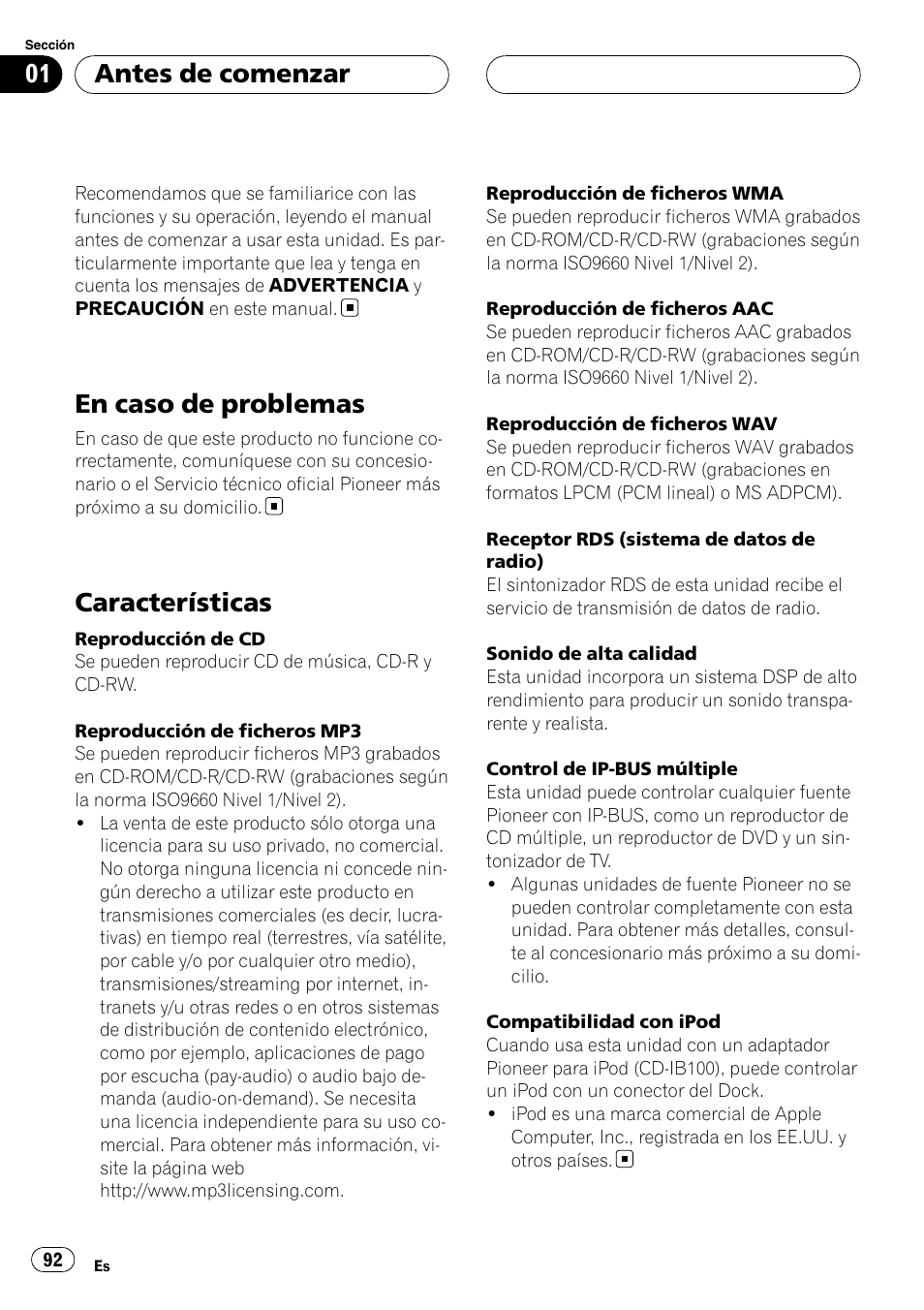En caso de problemas, Características, Antes de comenzar | Pioneer DEH-P88RS User Manual | Page 92 / 180