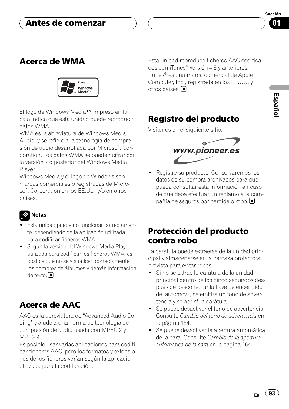 Acerca de wma, Acerca de aac, Registro del producto | Protección del producto contra robo, Antes de comenzar | Pioneer DEH-P88RS User Manual | Page 93 / 180
