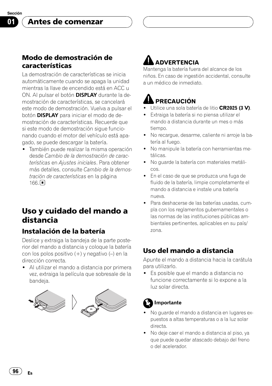 Modo de demostración de, Características, Uso y cuidado del mando a distancia | Instalación de la batería 96, Uso del mando a distancia 96, Antes de comenzar, Modo de demostración de características, Instalación de la batería, Uso del mando a distancia | Pioneer DEH-P88RS User Manual | Page 96 / 180
