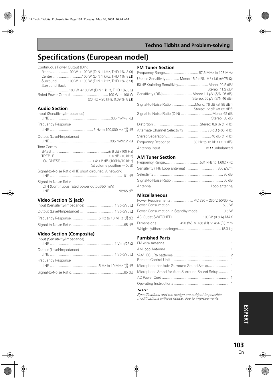 Specifications (european model), Expert, Techno tidbits and problem-solving | Pioneer VSX-AX3-S User Manual | Page 103 / 104