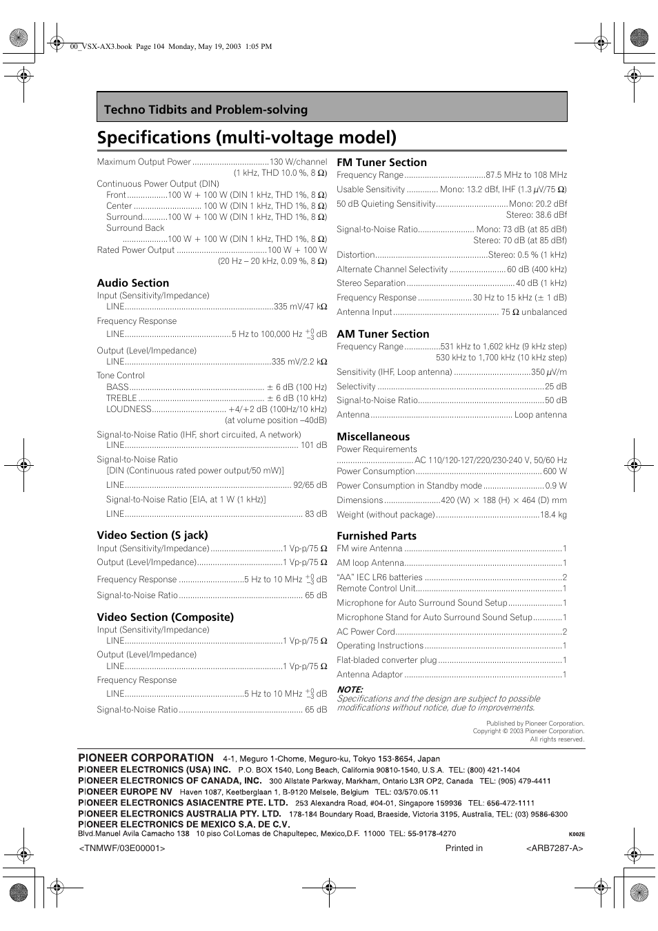 Specifications (multi-voltage model), Techno tidbits and problem-solving | Pioneer VSX-AX3-S User Manual | Page 104 / 104