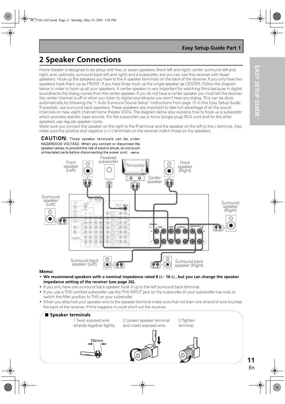 2 speaker connections, Easy setup guide | Pioneer VSX-AX3-S User Manual | Page 11 / 104