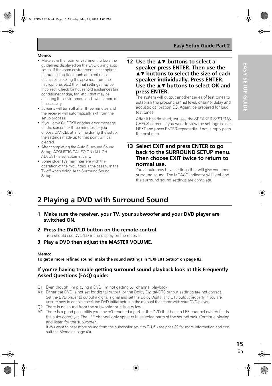2 playing a dvd with surround sound | Pioneer VSX-AX3-S User Manual | Page 15 / 104