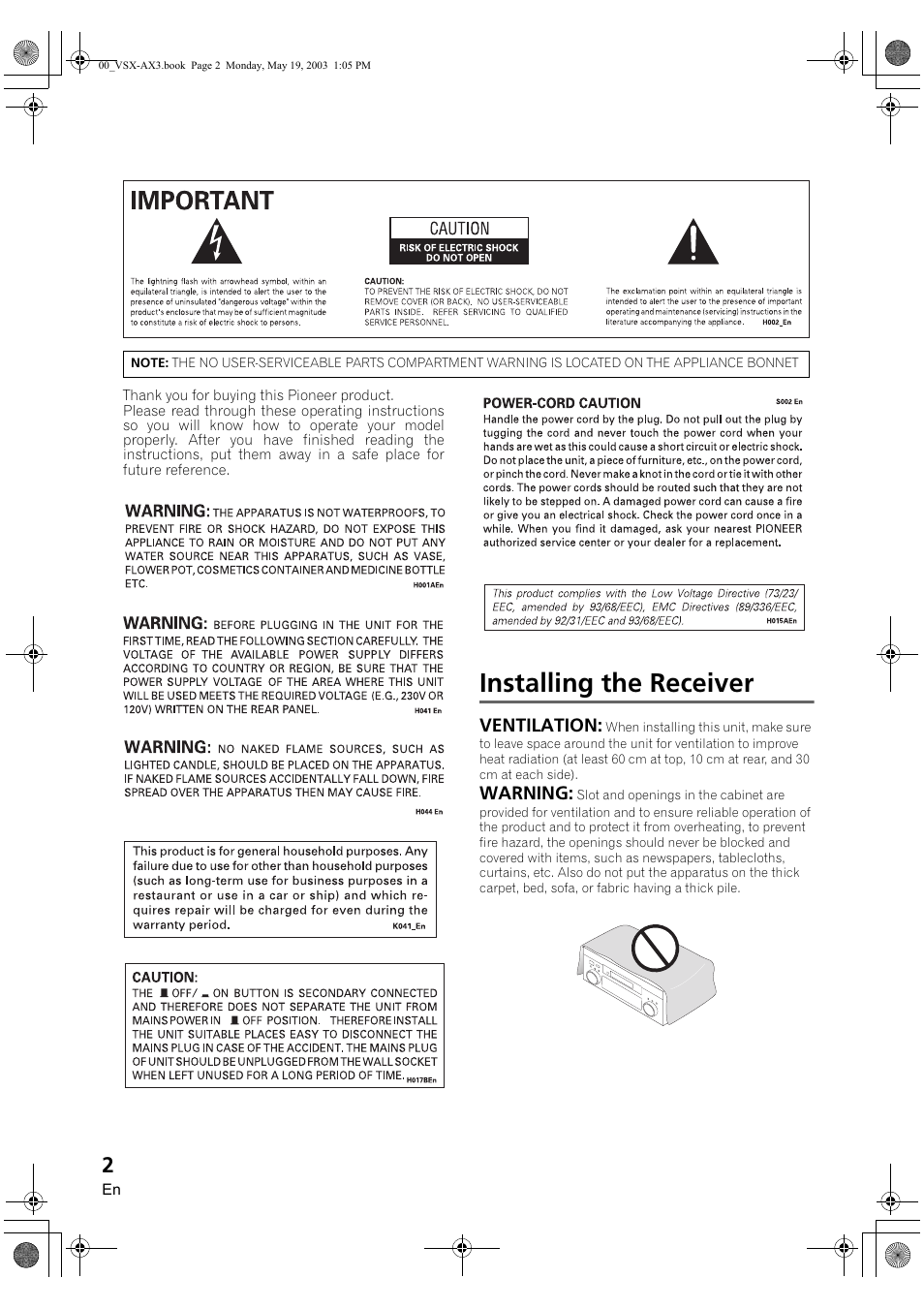 Installing the receiver | Pioneer VSX-AX3-S User Manual | Page 2 / 104