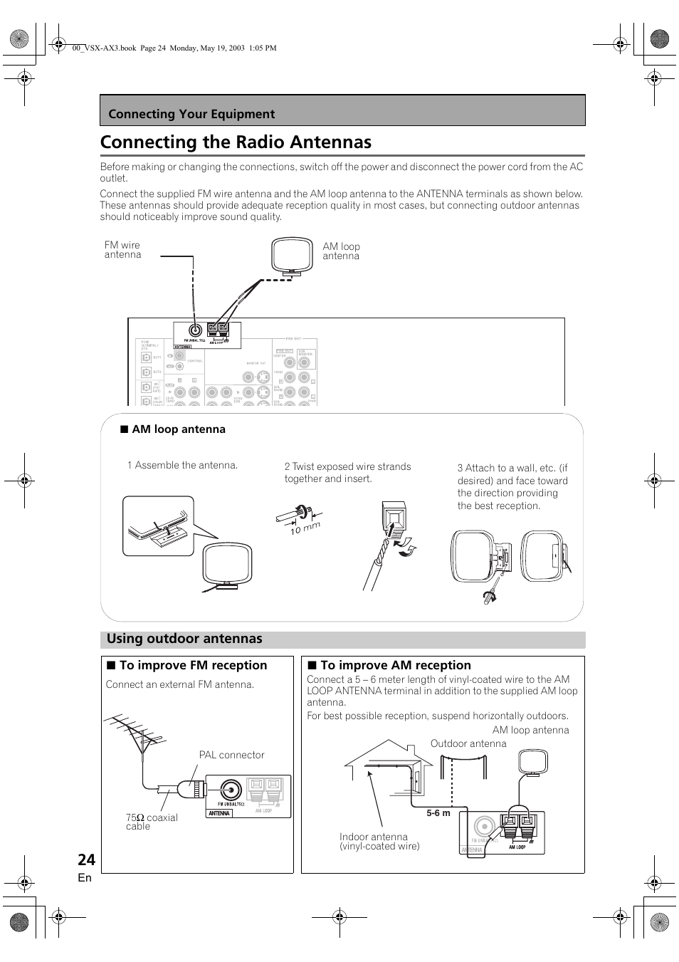 Connecting the radio antennas, Using outdoor antennas | Pioneer VSX-AX3-S User Manual | Page 24 / 104