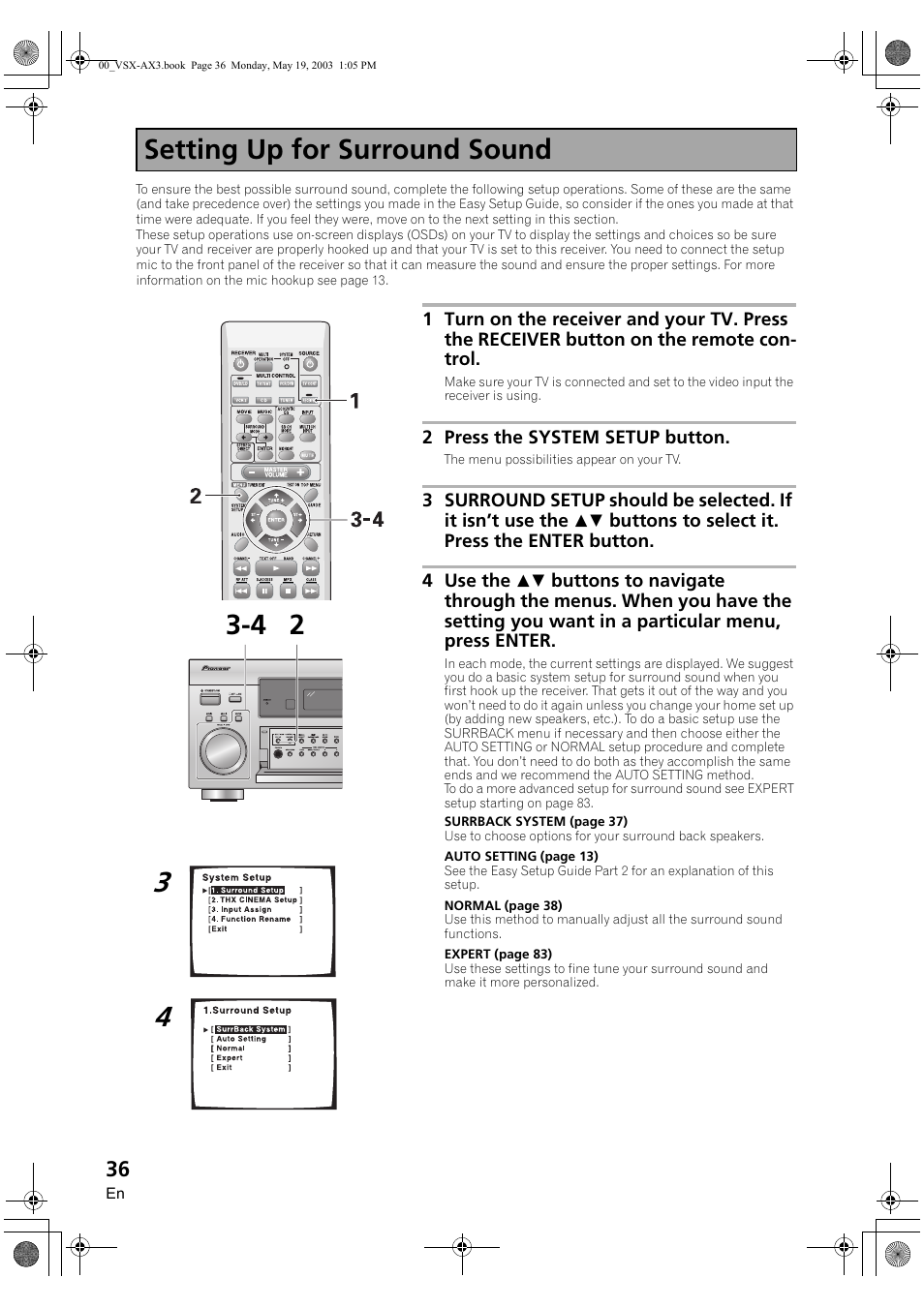 Setting up for surround sound | Pioneer VSX-AX3-S User Manual | Page 36 / 104
