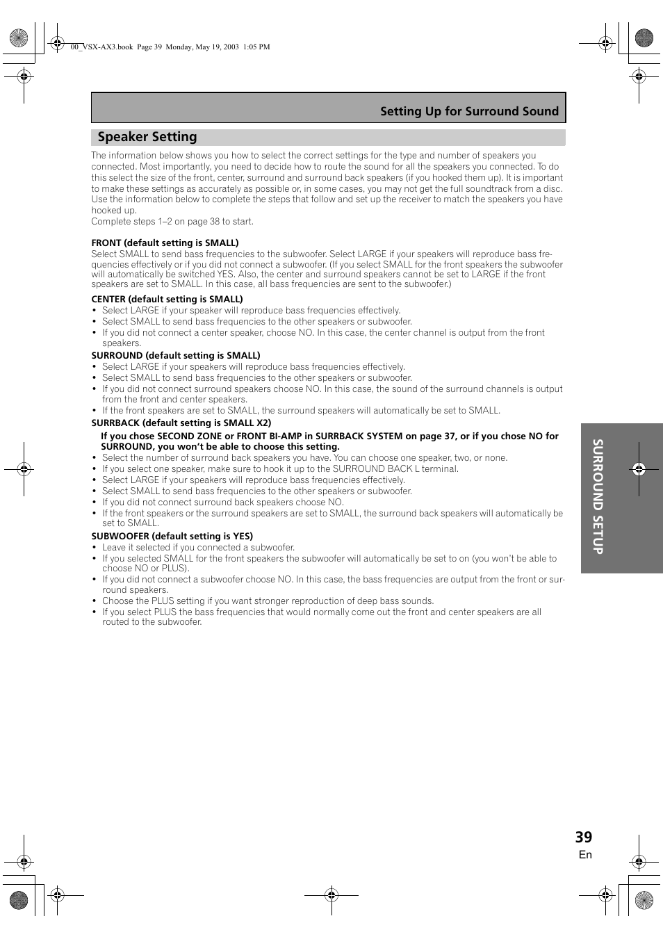 Speaker setting, Surround setup speaker setting | Pioneer VSX-AX3-S User Manual | Page 39 / 104