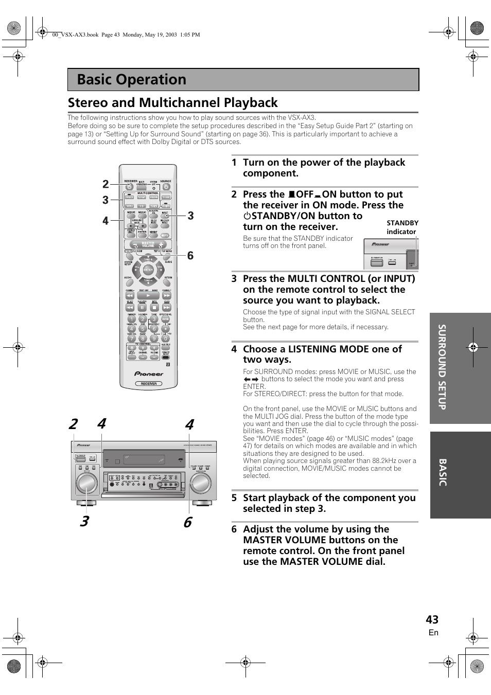 Basic operation, Stereo and multichannel playback | Pioneer VSX-AX3-S User Manual | Page 43 / 104