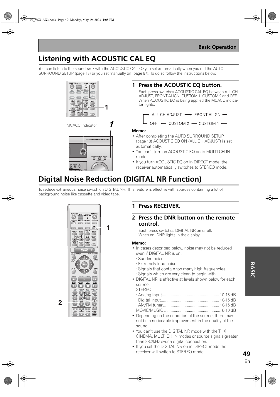 Listening with acoustic cal eq, Digital noise reduction (digital nr function) | Pioneer VSX-AX3-S User Manual | Page 49 / 104