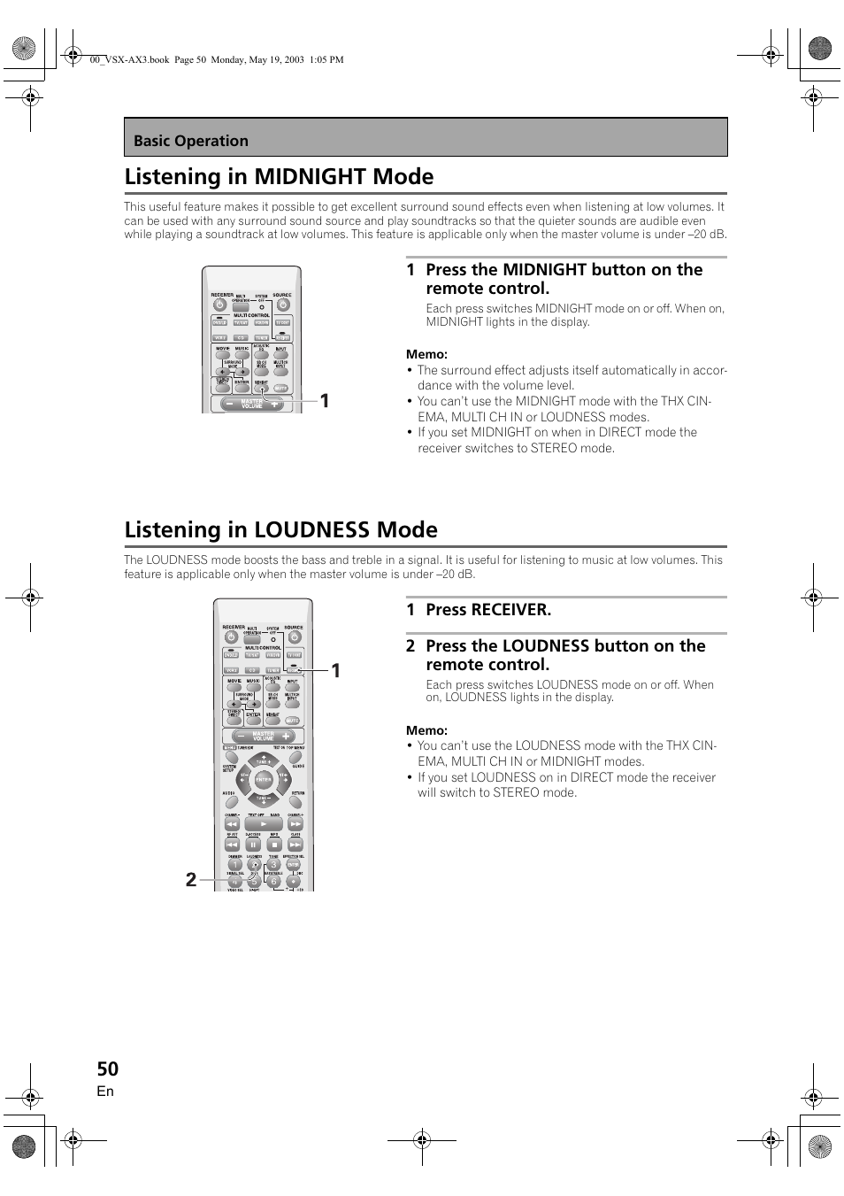 Listening in midnight mode, Listening in loudness mode | Pioneer VSX-AX3-S User Manual | Page 50 / 104