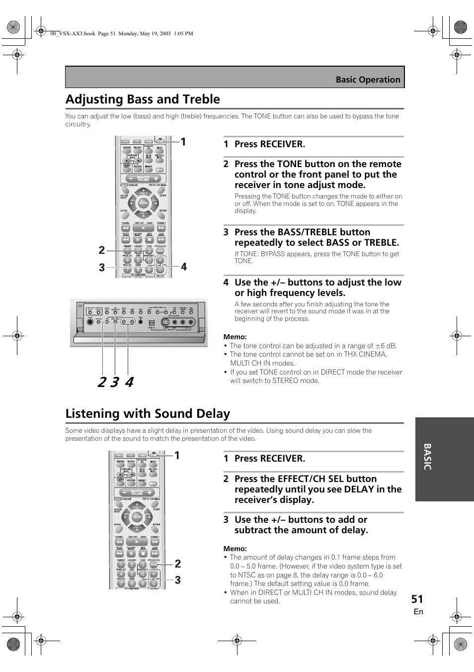 Adjusting bass and treble, Listening with sound delay | Pioneer VSX-AX3-S User Manual | Page 51 / 104