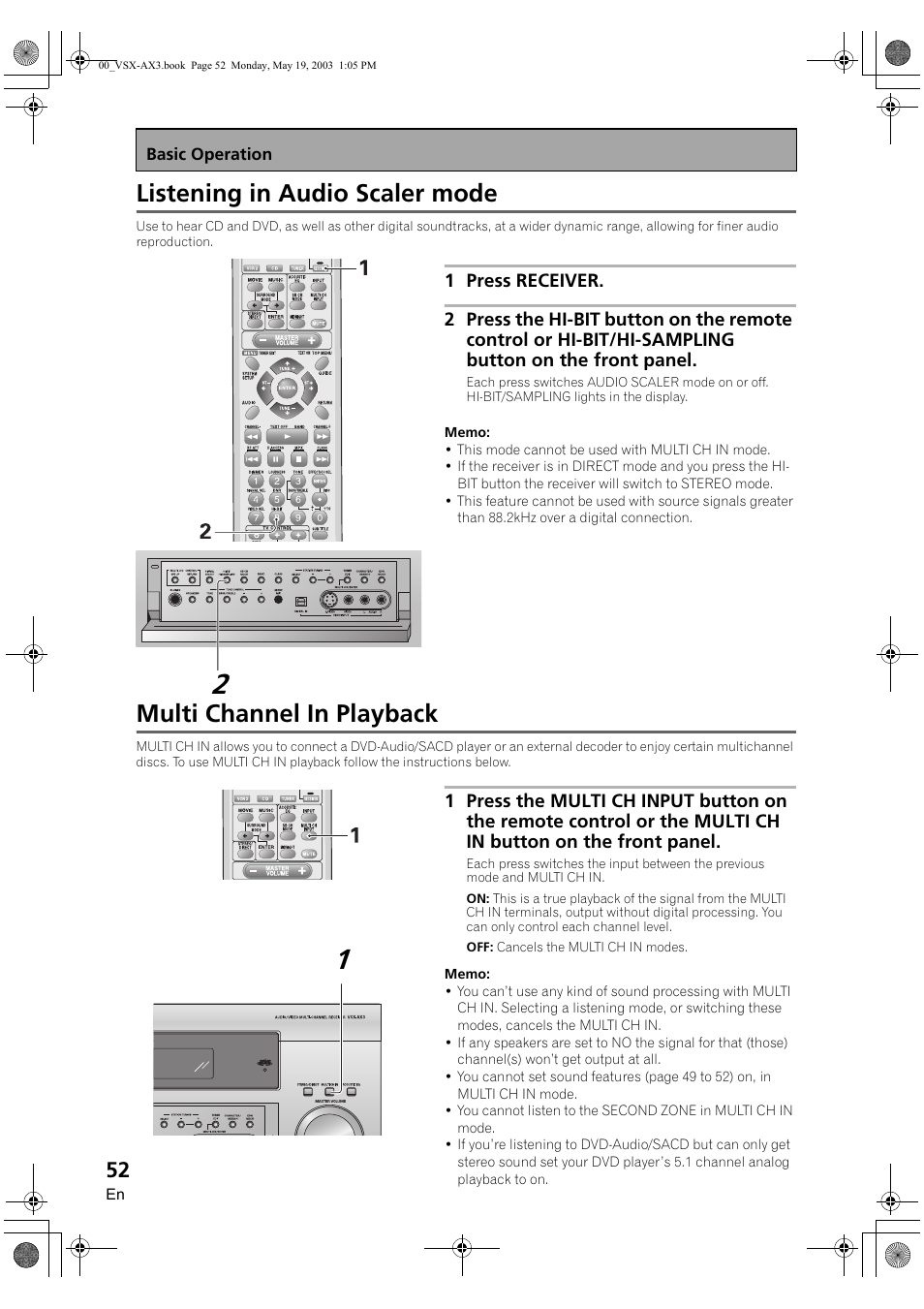 Listening in audio scaler mode, Multi channel in playback | Pioneer VSX-AX3-S User Manual | Page 52 / 104