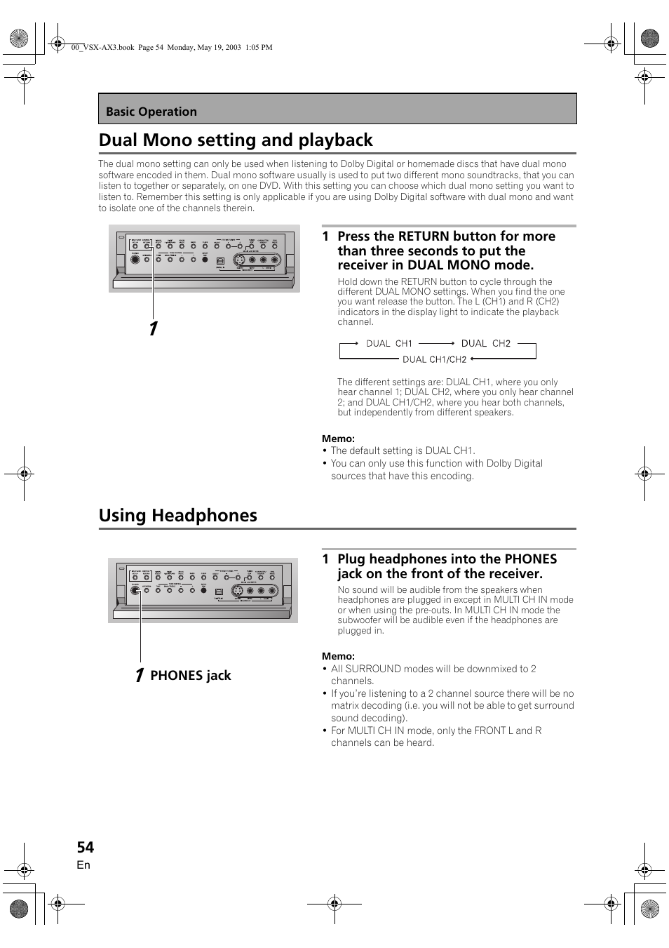 Dual mono setting and playback using headphones, Dual mono setting and playback, Using headphones | Pioneer VSX-AX3-S User Manual | Page 54 / 104