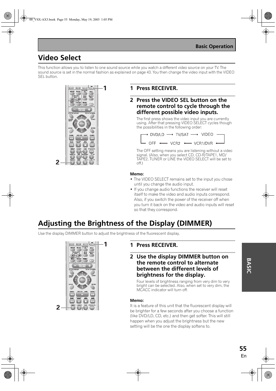 Video select, Adjusting the brightness of the display (dimmer) | Pioneer VSX-AX3-S User Manual | Page 55 / 104