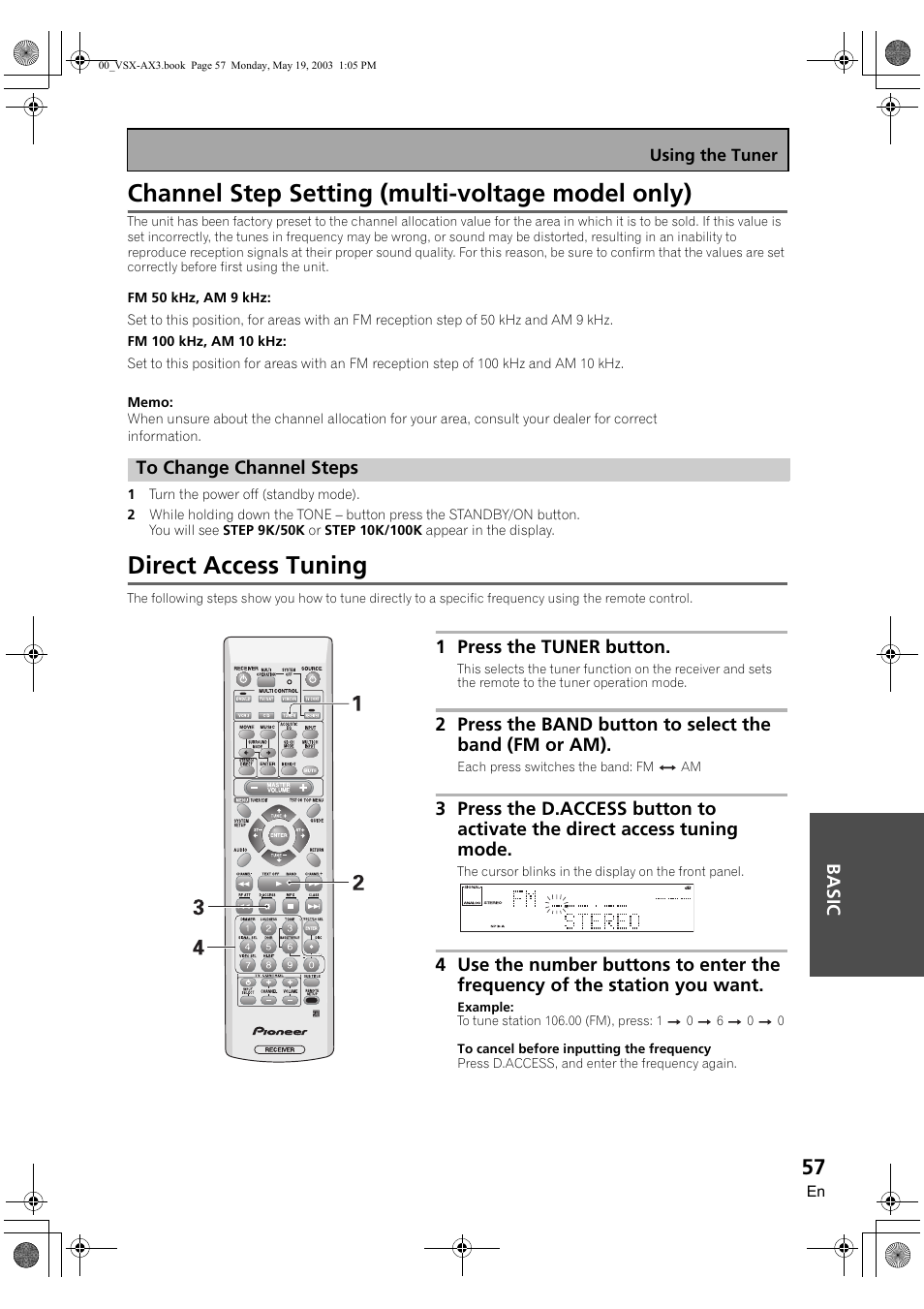 Channel step setting (multi-voltage model only), To change channel steps, Direct access tuning | Pioneer VSX-AX3-S User Manual | Page 57 / 104