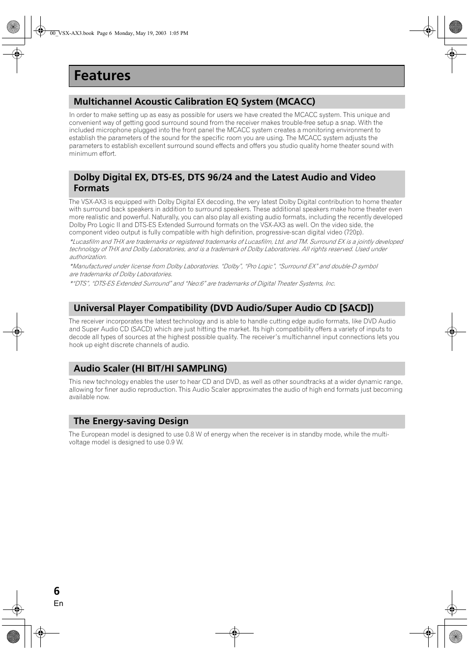 Features, Before you start | Pioneer VSX-AX3-S User Manual | Page 6 / 104