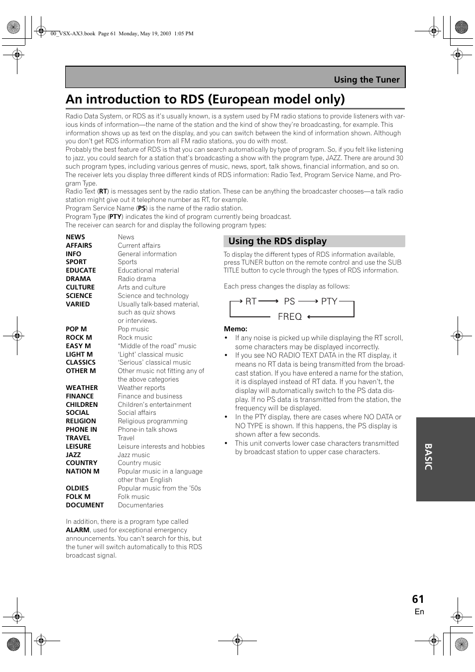 An introduction to rds (european model only), Using the rds display, Ba sic | Using the tuner | Pioneer VSX-AX3-S User Manual | Page 61 / 104