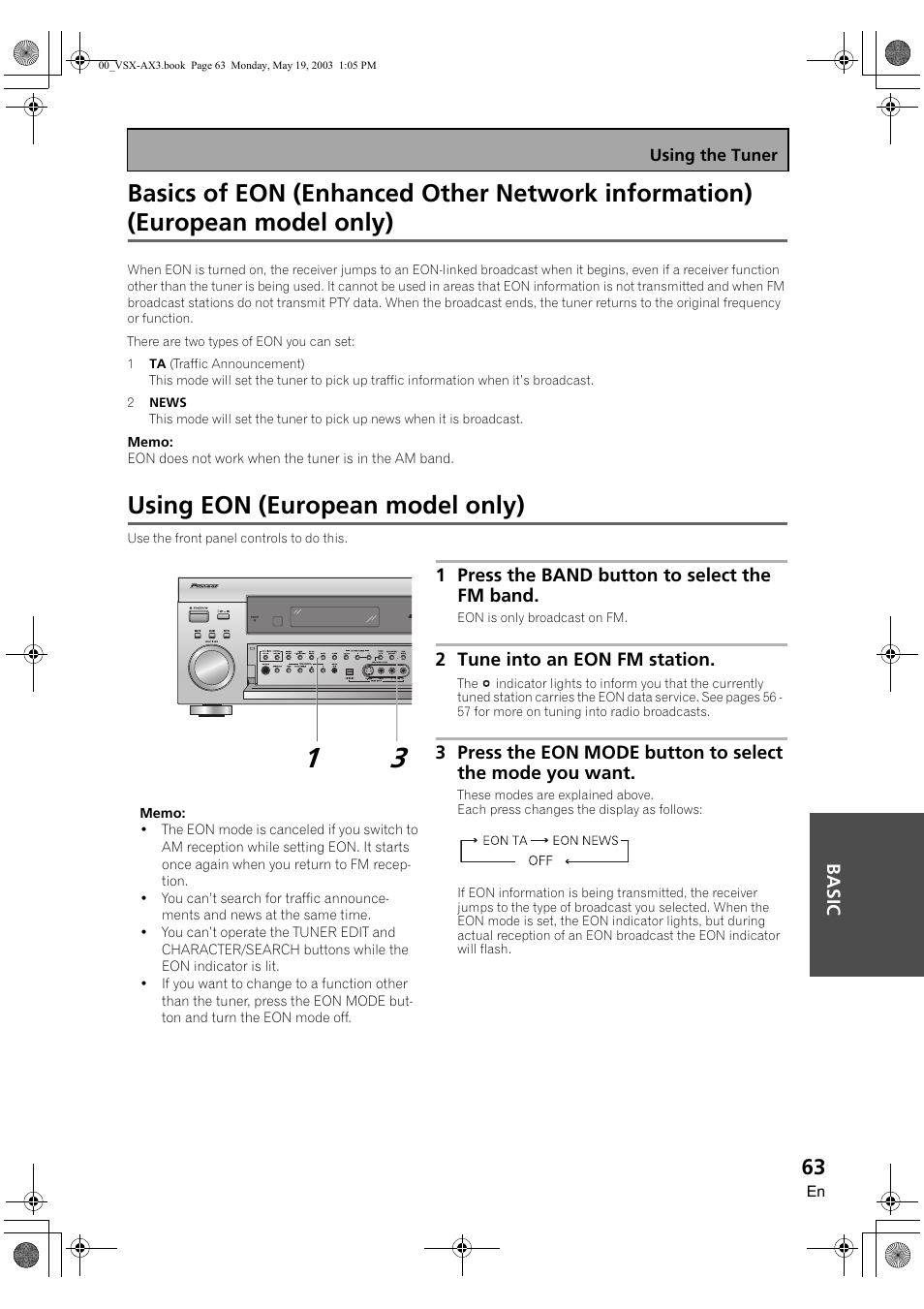 Using eon (european model only) | Pioneer VSX-AX3-S User Manual | Page 63 / 104