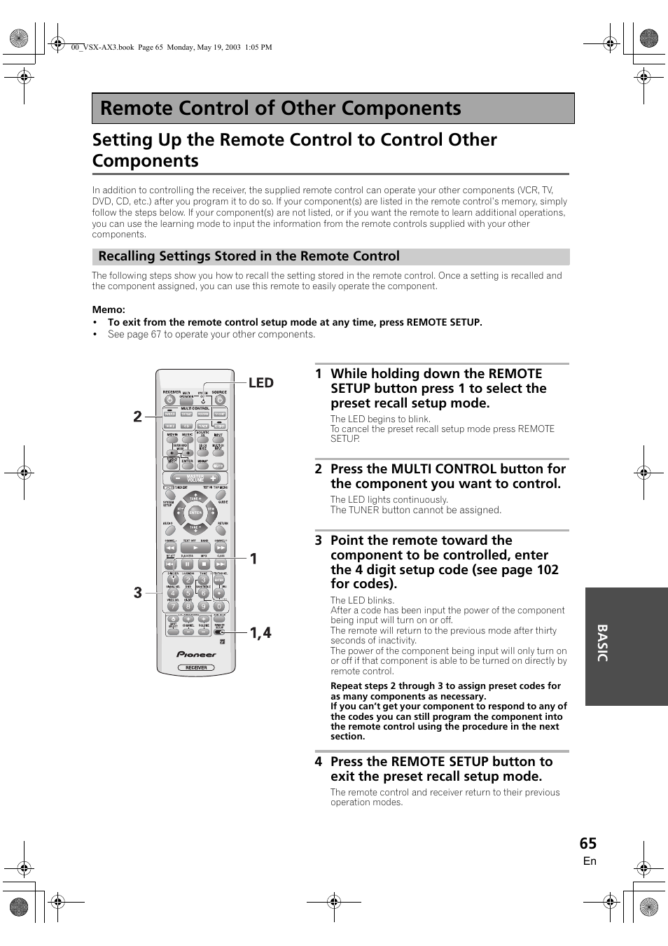 Remote control of other components, Recalling settings stored in the remote control | Pioneer VSX-AX3-S User Manual | Page 65 / 104