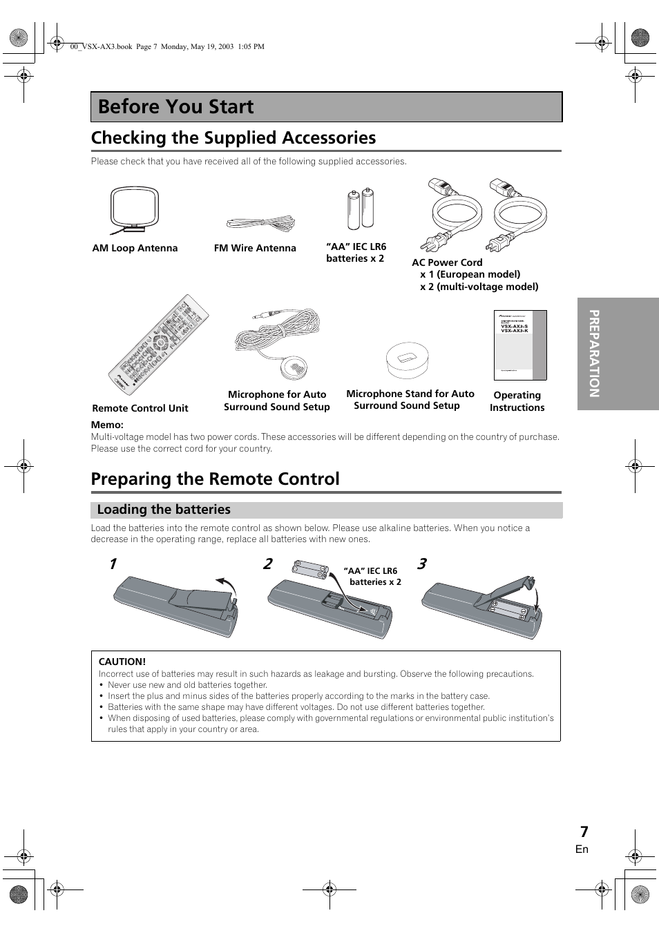 Before you start, Loading the batteries, Checking the supplied accessories | Preparing the remote control | Pioneer VSX-AX3-S User Manual | Page 7 / 104