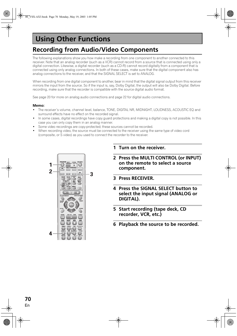 Using other functions, Recording from audio/video components | Pioneer VSX-AX3-S User Manual | Page 70 / 104