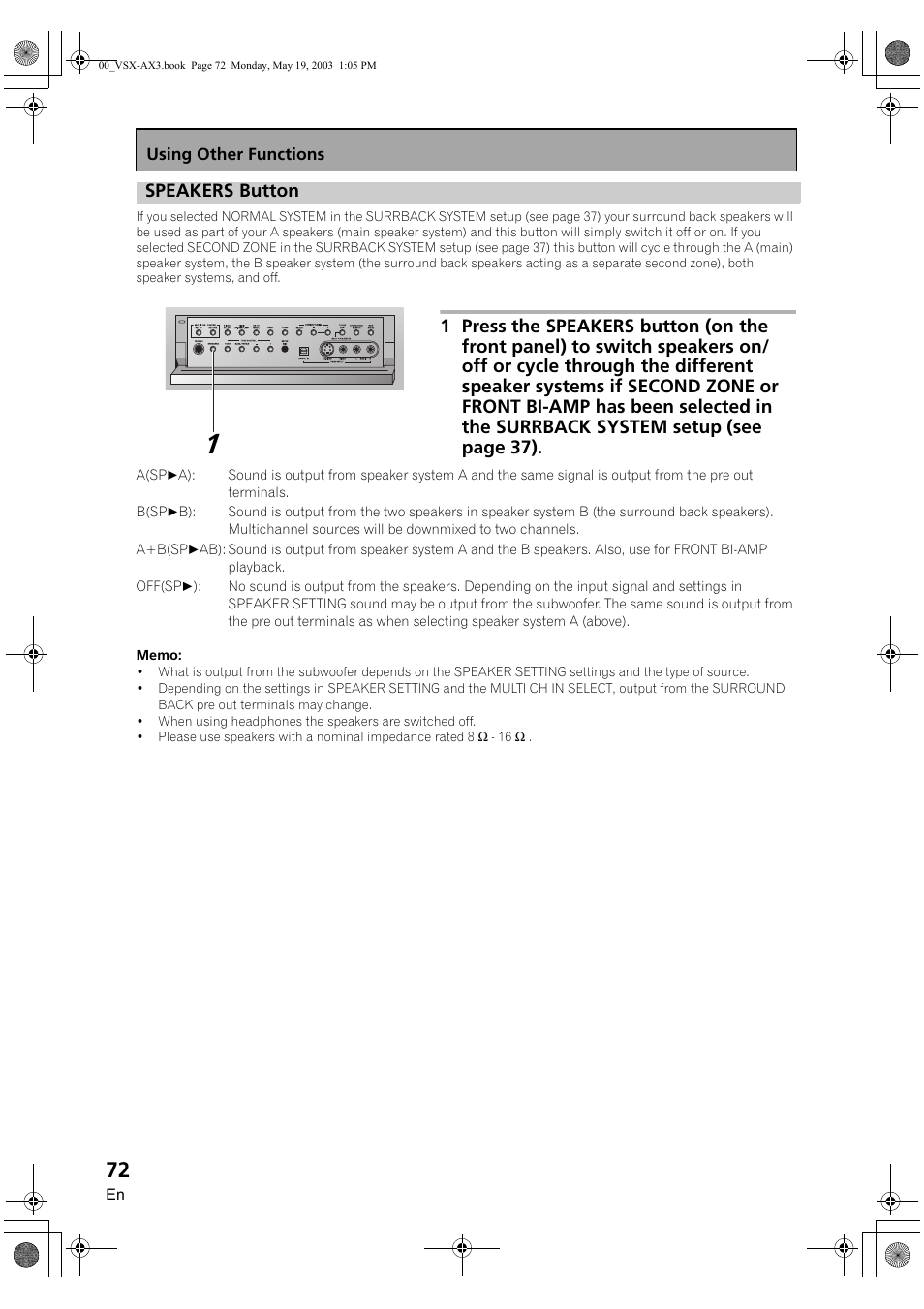 Speakers button | Pioneer VSX-AX3-S User Manual | Page 72 / 104