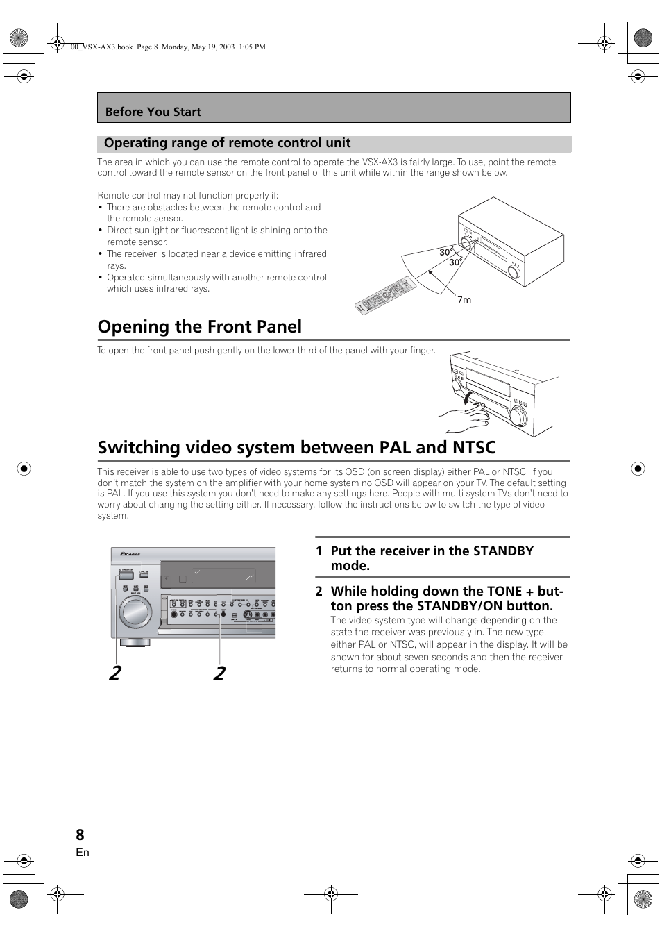 Operating range of remote control unit, Opening the front panel, Switching video system between pal and ntsc | Pioneer VSX-AX3-S User Manual | Page 8 / 104
