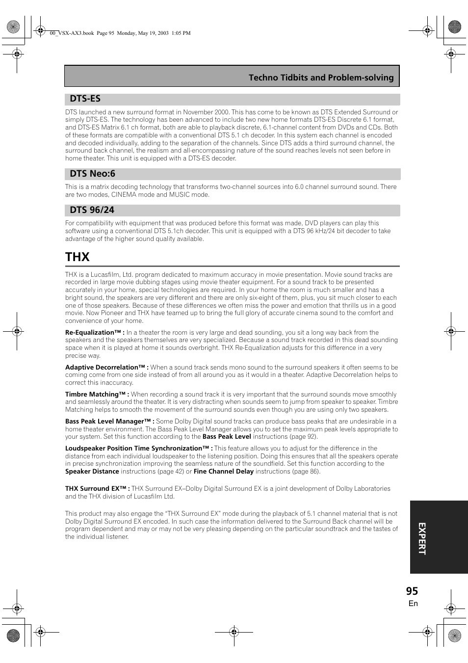 Dts-es dts neo:6 dts 96/24, Expert dts-es, Dts neo:6 | Dts 96/24 | Pioneer VSX-AX3-S User Manual | Page 95 / 104